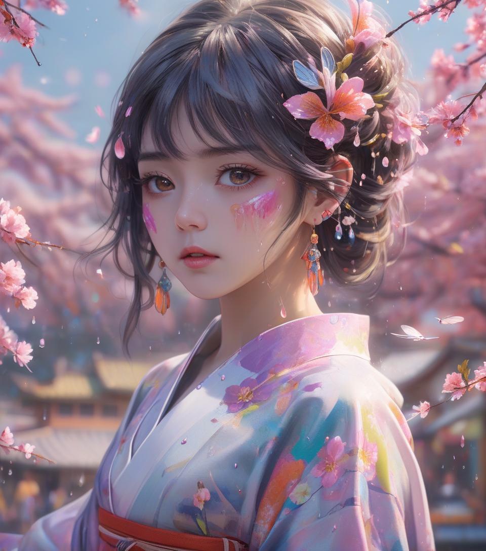  shukezouma, octane rendering, hdr, hyperdetailed, soft light, sharpness, a beautiful korean girl, ultra detailed eyes, eye shadow, opal drops, paint tears, woman made up from paint, paint, splat, splash, hair long colorful, kimono made from paint, ultra detailed texture kimono, opalescent paint kimono, paint bulb, water drops, hair ornaments, earrings, flower hair ornaments, dragonfly hair ornaments, outdoor, sakura trees, vivid colors, 8k, uhd, hdr, masterpiece, absurd, best quality,