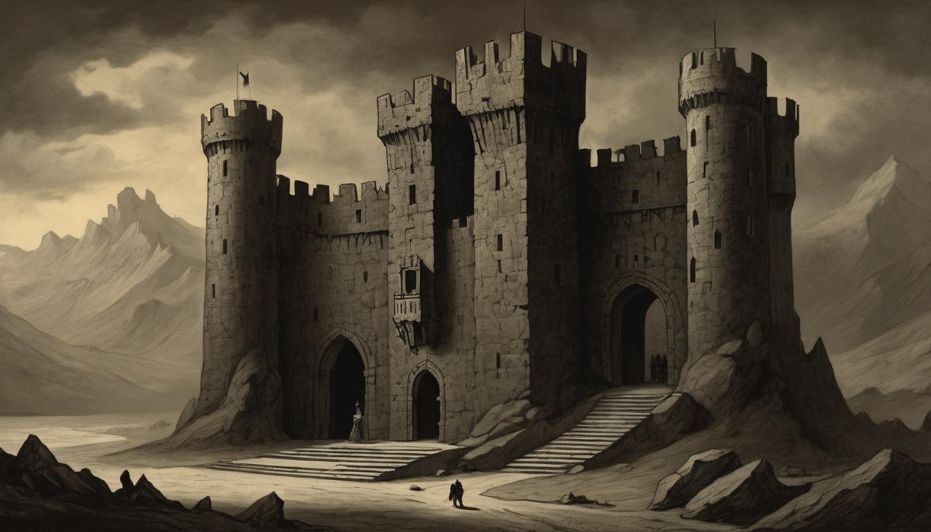  on parchment, surrealism++, a dark, imposing fortress with glowing obsidian walls, figures standing guard at the entrance, exclusivity, power(mysterious, provocative, symbolic)++