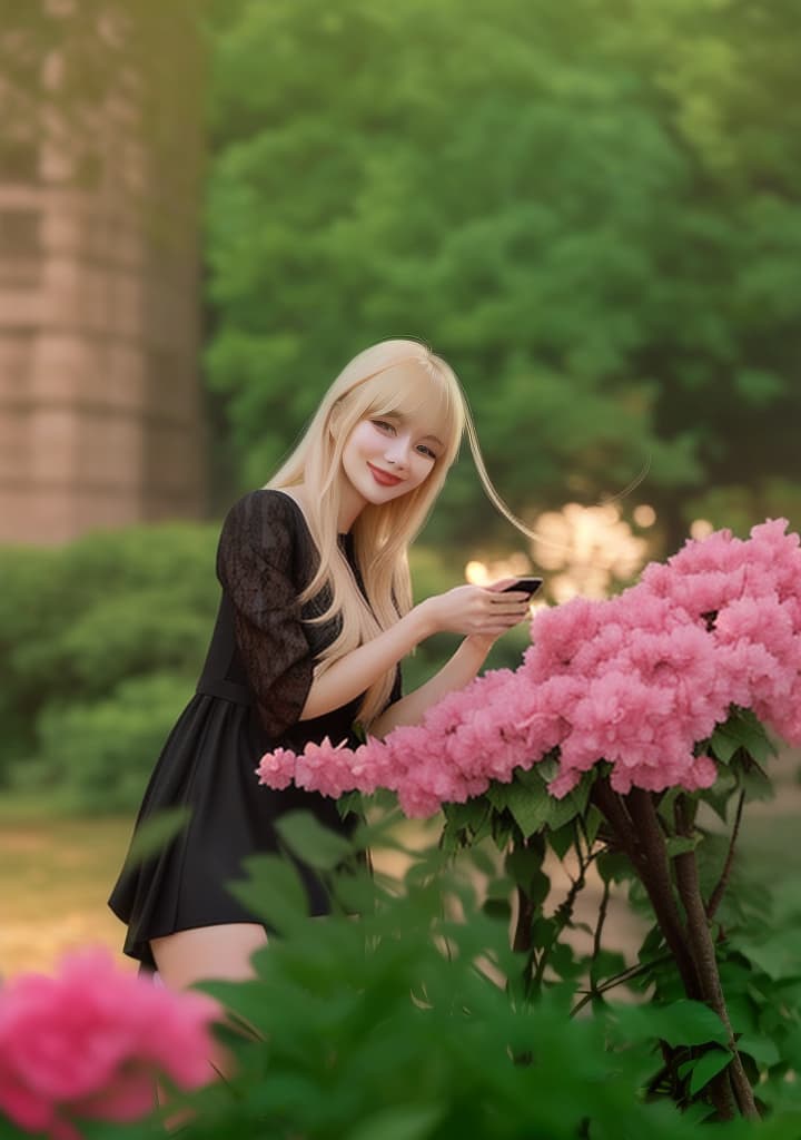  a young woman with soft, harmonious features. she has fair skin and light blonde hair, long with bangs framing her face. she is wearing a simple, elegant black dress that adds a touch of sophistication and grace. in the picture, she is taking a selfie while holding her phone confidently, with a subtle smile that adds a hint of spontaneity and charm. the background is simple, focusing attention on her natural beauty, and the lighting is soft and natural, enhancing the realistic feel. hyperrealistic, full body, detailed clothing, highly detailed, cinematic lighting, stunningly beautiful, intricate, sharp focus, f/1. 8, 85mm, (centered image composition), (professionally color graded), ((bright soft diffused light)), volumetric fog, trending on instagram, trending on tumblr, HDR 4K, 8K