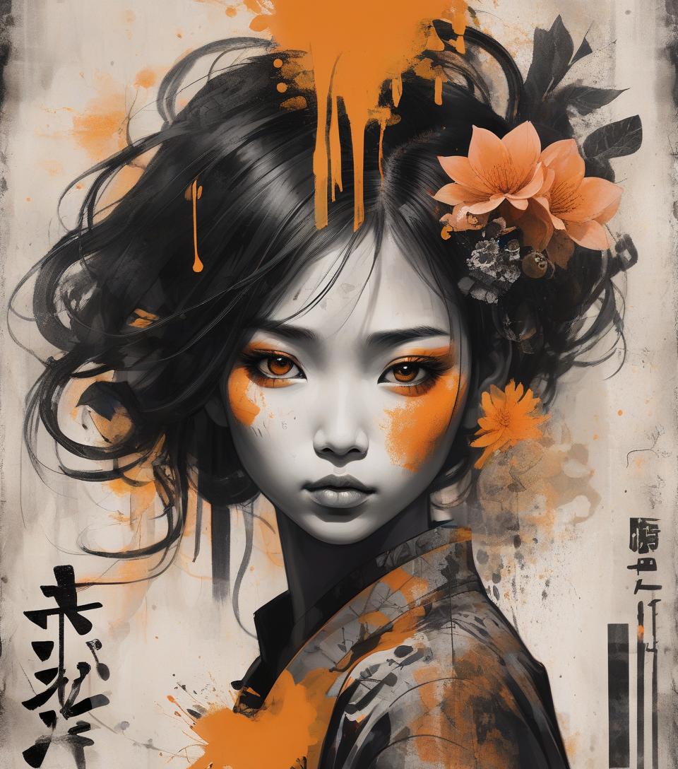  concept art asian woman, beautiful face, black and orange color tones, wabi sabi art, abstract , punk collage , urbanpunk, flowerpunk, random textures, random graffiti strokes, kanji characters, surreal artwork, impermanence . digital artwork, illustrative, painterly, matte painting, highly detailed