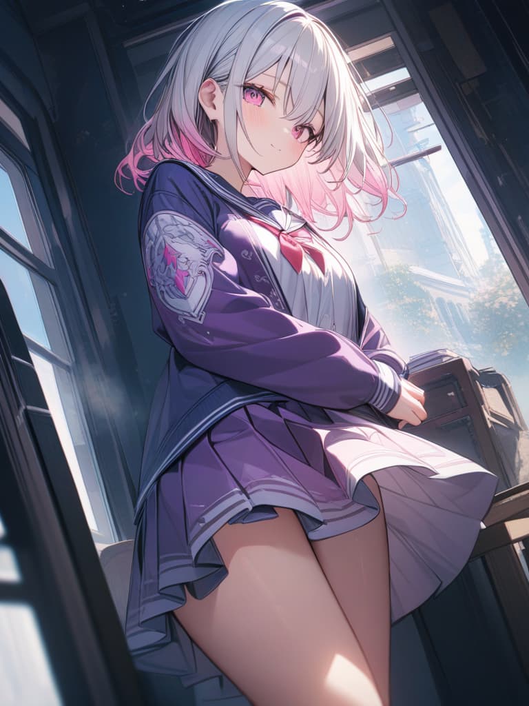  girls, white hair, pink, pink gradation hair color, cute face, purple sailor suit, pleated skirt, pink eyes, medium hair, masterpiece, best quality,8k,ultra detailed,high resolution,an extremely delicate and beautiful,hyper detail