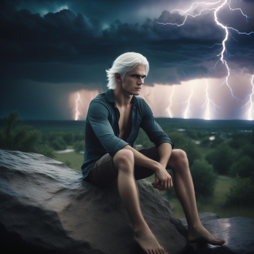  cinematic film still a young man with white hair and barefoot sits on a rock amid lightning . shallow depth of field, vignette, highly detailed, high budget, bokeh, cinemascope, moody, epic, gorgeous, film grain, grainy