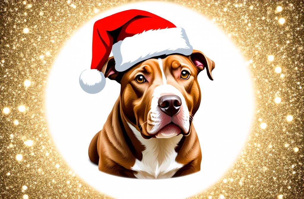  professional detailed photography, cute christmas pitbull dog wearing santa hat illustration; realistic xmas adorable brown doggie's head art; isolated on white sparkly background; copy space ar 3:2, (muted colors, dim colors, soothing tones), (vsco:0.3)