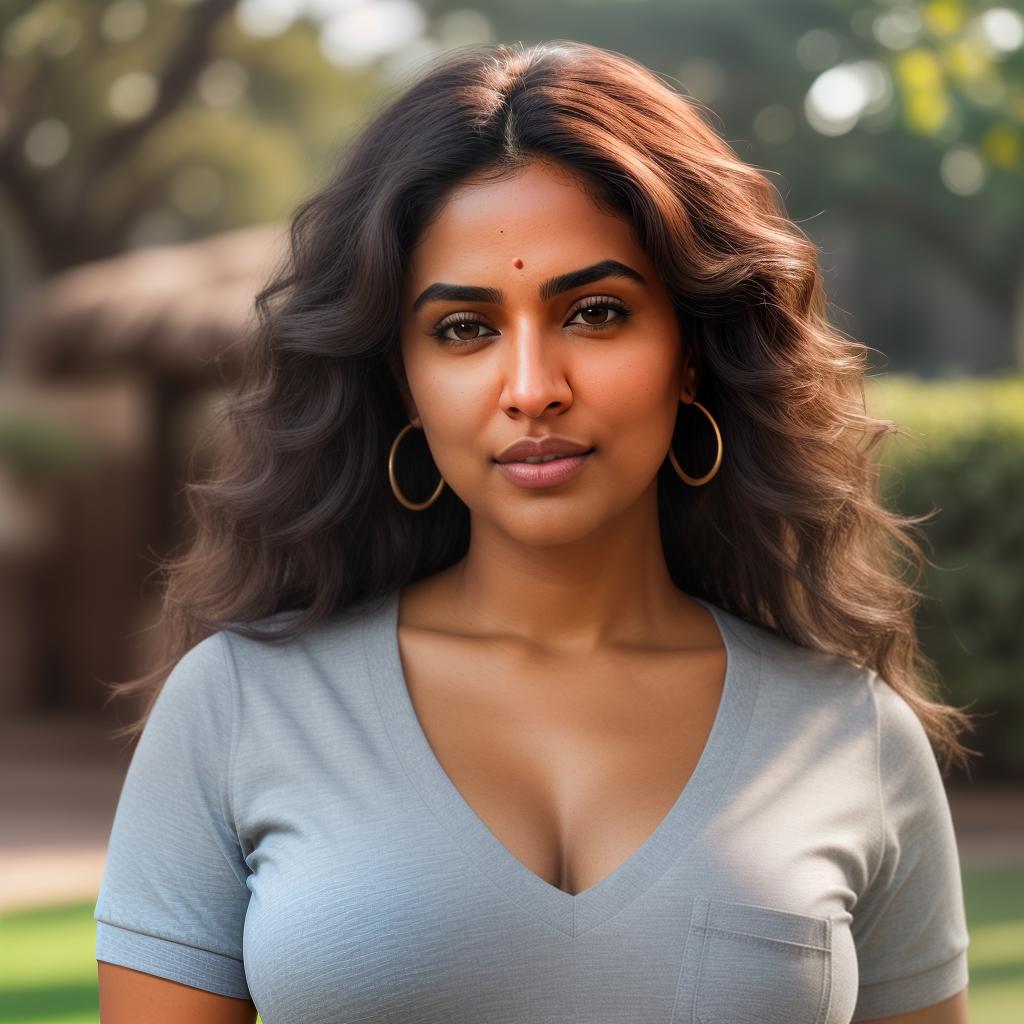  (((realistic full torso frontal head shot of a light brown to medium brown skin tone woman))), aanya hka ranganathan, ((indian heritage)), immature face, blue eye color, ((wavy hair style)), (( hair color)), ((curvy body type)), medium size, size, (immature broad defined nose), (immature soft cheeks), (immature defined jawline), (immature medium lips), (immature high forehead), (immature symmetrical face), (immature arched eyebrows), standing straight looking directly into the camera,((wearing fitted polo shirt with deep v neck and monogrammed pocket)), backyard in background, 1girl, best quality, highest quality, award winning photo, masterpiece, raw, professional photography, photorealism, sharp focus, c hyperrealistic, full body, detailed clothing, highly detailed, cinematic lighting, stunningly beautiful, intricate, sharp focus, f/1. 8, 85mm, (centered image composition), (professionally color graded), ((bright soft diffused light)), volumetric fog, trending on instagram, trending on tumblr, HDR 4K, 8K