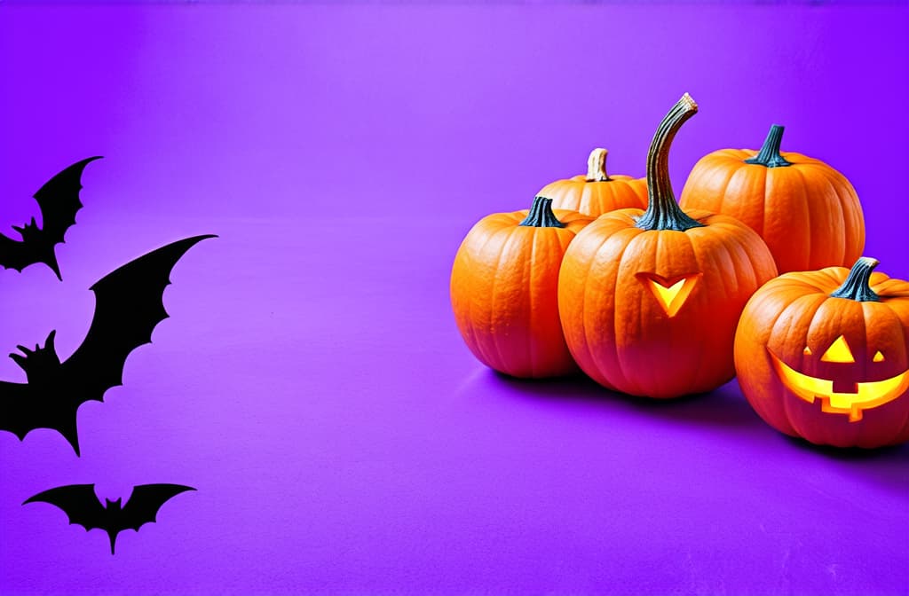  professional detailed photography, carved pumpkins and bats on a vibrant purple backdrop for halloween fun! ar 3:2, (muted colors, dim colors, soothing tones), (vsco:0.3)