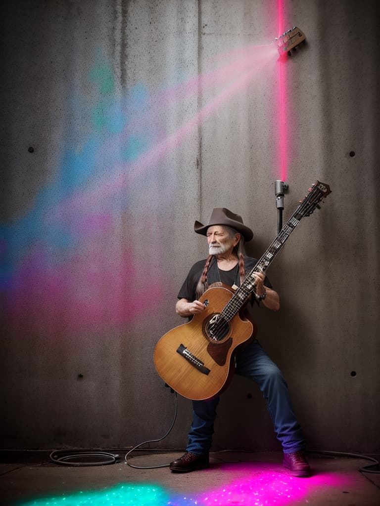  Singer Willie Nelson, medium shot, upper body, spotlight, long exposure lighting, street art style spray paint, glamour lighting