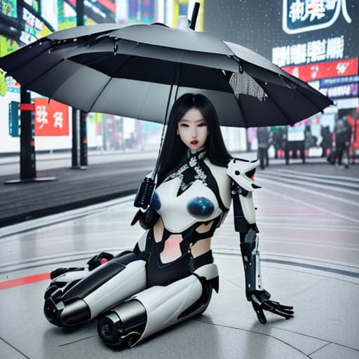  beautiful chinese wearing white and black mecha armor, full body photo with long hair, sitting on the ground holding an umbrella in her hand, in the style of cyberpunk, with a futuristic robot design and mecha armor details, to waist ratio of 3/4, full body photo, in the style of cyberpunk.