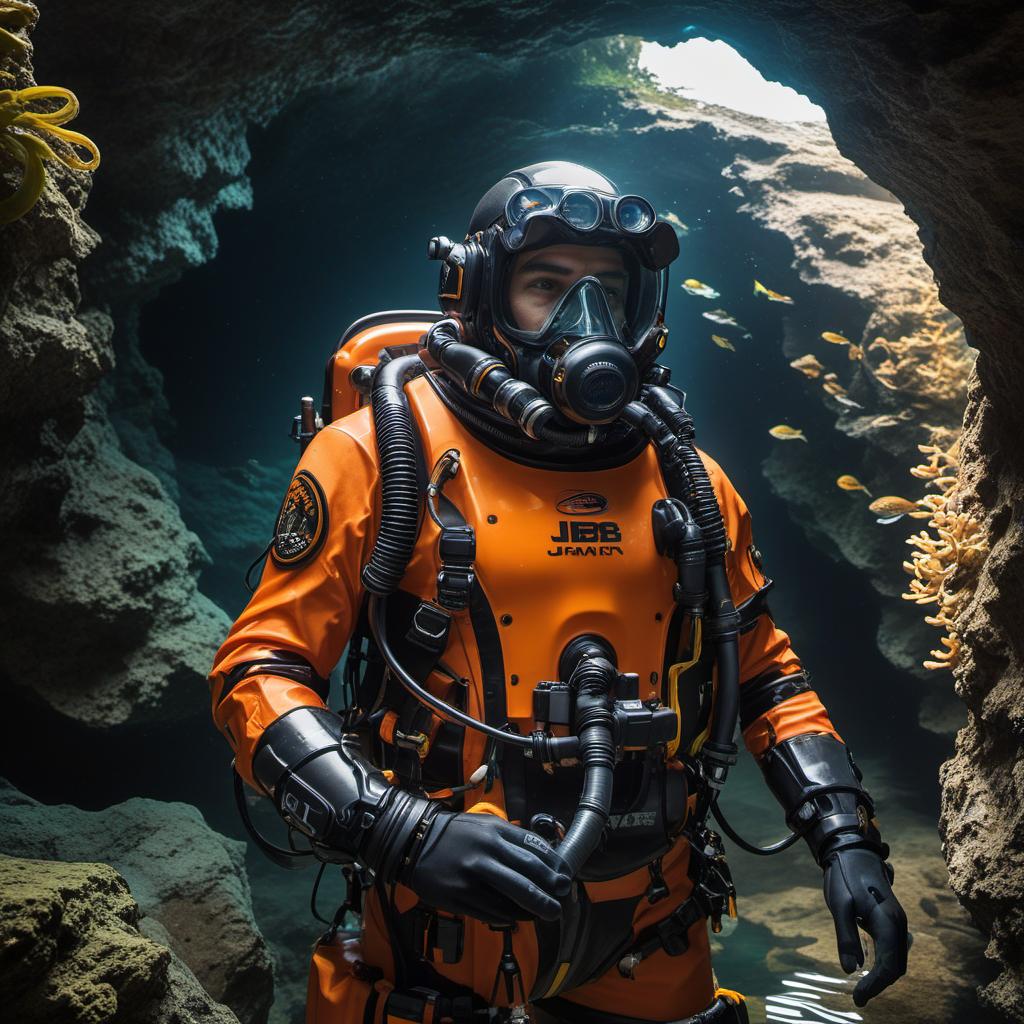  jb name, male, rebreather diver, thick loops, helmet in orange, cave diver, underwater, face view diver, fresh water, shoulder view, jb, cyberpunk style