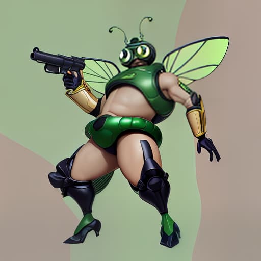  cute cartoon insect beetle character with a green body, big expressive eyes and a smile on his lips. on his head he has a huge brown helmet with goggles, giving him an adventurous look. the insect beetle stands confidently holding a blaster, he has graceful wings and long tendrils. the background is simple and bright inside the starship to emphasize the charm of the funny character with the weapon.