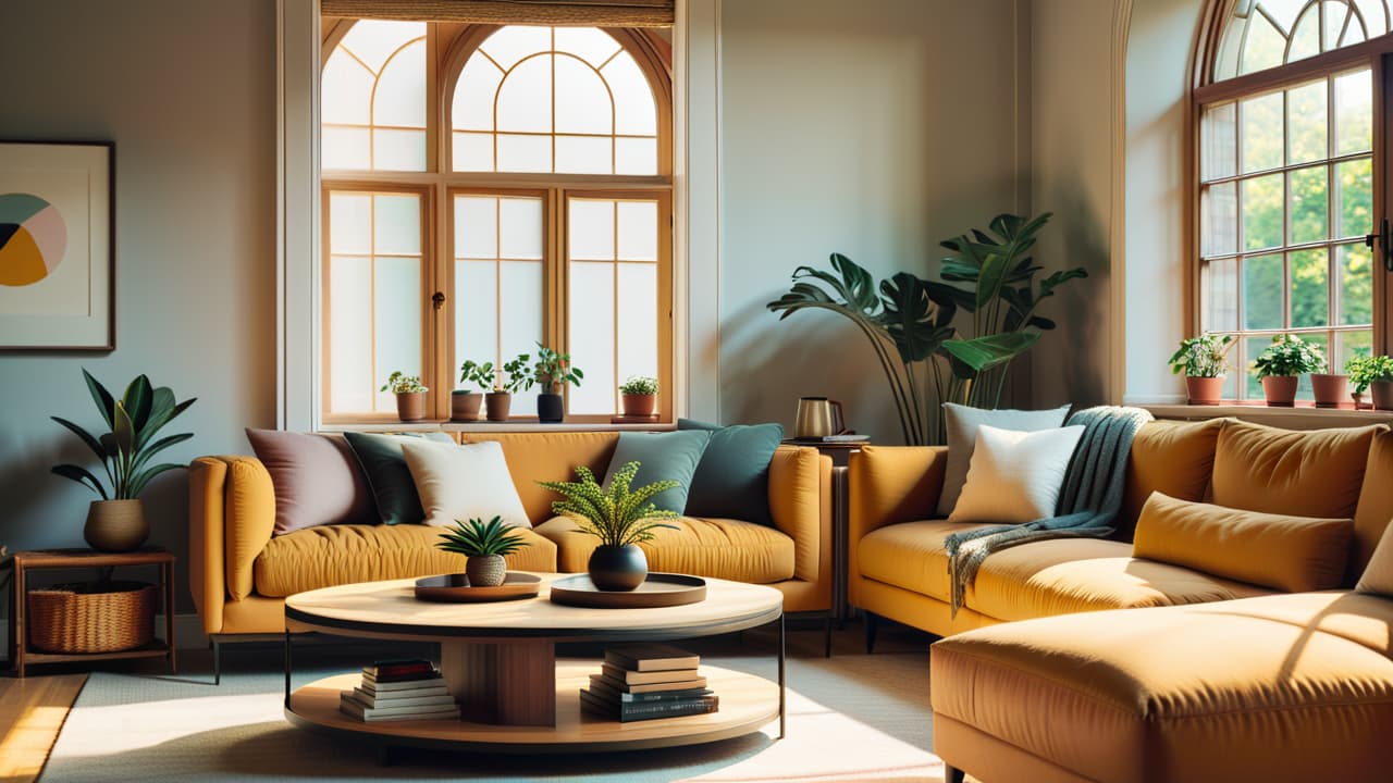  a serene minimalist living room featuring a cozy couch, a small coffee table with 30 neatly arranged objects, and a single plant. soft natural light filters through a large window, casting gentle shadows. hyperrealistic, full body, detailed clothing, highly detailed, cinematic lighting, stunningly beautiful, intricate, sharp focus, f/1. 8, 85mm, (centered image composition), (professionally color graded), ((bright soft diffused light)), volumetric fog, trending on instagram, trending on tumblr, HDR 4K, 8K