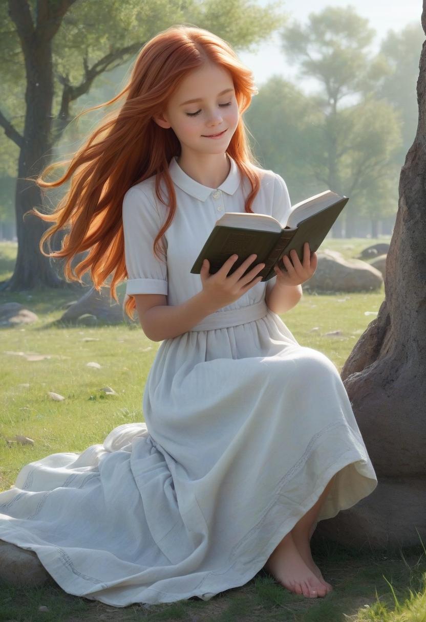  the main object occupies one third of the picture, the side view, the red haired girl sits on a stone and reads the bible, her hands holding the bible, looking at the book, a lonely tree in the background, grass under her feet, full height, barefoot, blond dress, long hair fluttering in the wind, light background, a lot of light, light rays, high resolution, smile on her face, calmness,, perfect hands