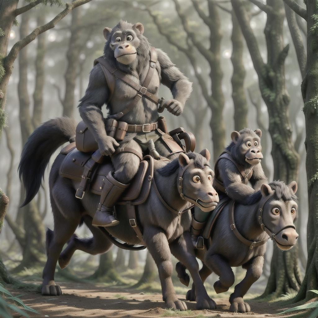  armed apes riding in the forest, very detailed and realistic hyperrealistic, full body, detailed clothing, highly detailed, cinematic lighting, stunningly beautiful, intricate, sharp focus, f/1. 8, 85mm, (centered image composition), (professionally color graded), ((bright soft diffused light)), volumetric fog, trending on instagram, trending on tumblr, HDR 4K, 8K