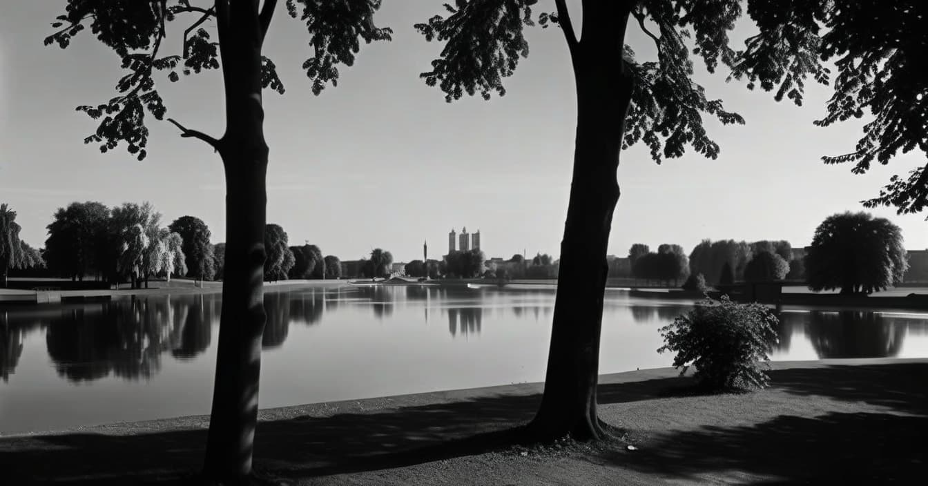  film noir style realistic landscape, metropolis in the distance, left linden tree and right linden tree, sunny summer day, wide angle camera, park, lake reflects trees, cinematic, bottom view from the park . monochrome, high contrast, dramatic shadows, 1940s style, mysterious, cinematic