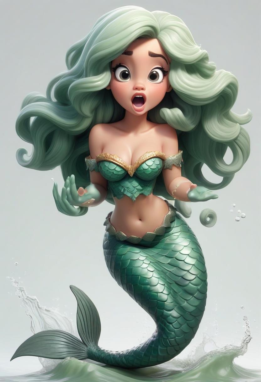  a full length little mermaid. singing. waves his hand. nice face, plump cheeks, plump lips, big eyes, green hair. fish tail. waves his hand. white background.