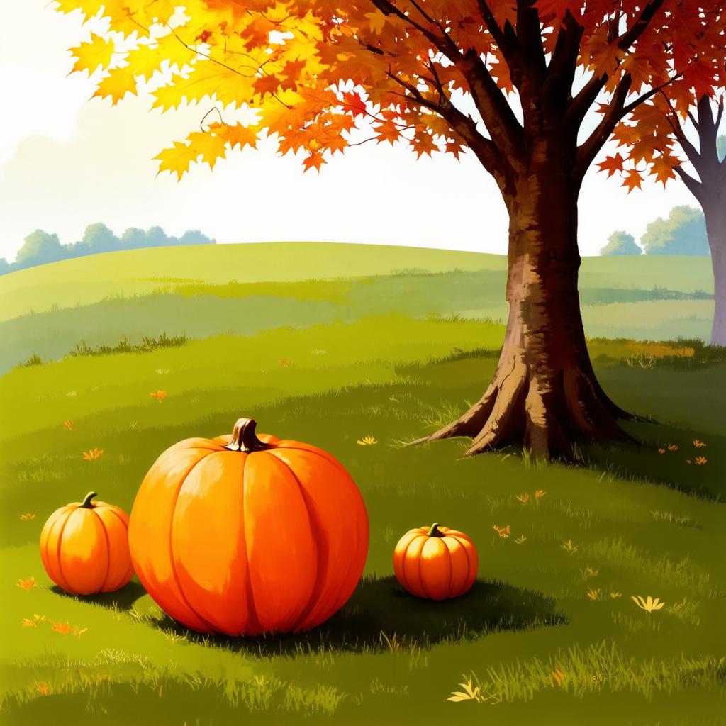  flat illustration, flaticon, (illustration:1.15), create an autumn forest, in the foreground is a maple with yellow foliage, there is one orange pumpkin under the tree, next to this pumpkin there are two more small orange pumpkins, [cory loftis, strobist, pascal campion :: 0.2]