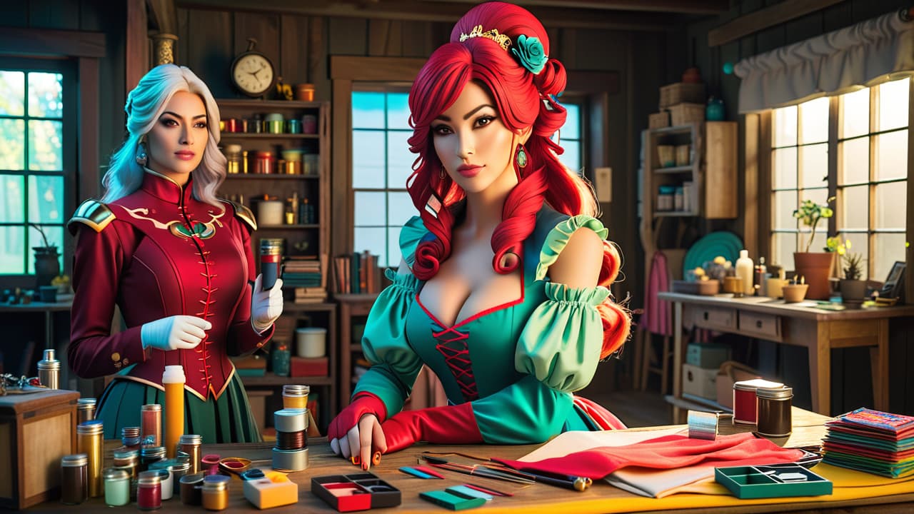  a vibrant cosplay workshop scene showcasing various materials: colorful fabrics, eva foam sheets, intricate sewing kits, shiny thermoplastics, detailed patterns, and sculpted props, all arranged artistically on a wooden table under bright studio lights. hyperrealistic, full body, detailed clothing, highly detailed, cinematic lighting, stunningly beautiful, intricate, sharp focus, f/1. 8, 85mm, (centered image composition), (professionally color graded), ((bright soft diffused light)), volumetric fog, trending on instagram, trending on tumblr, HDR 4K, 8K