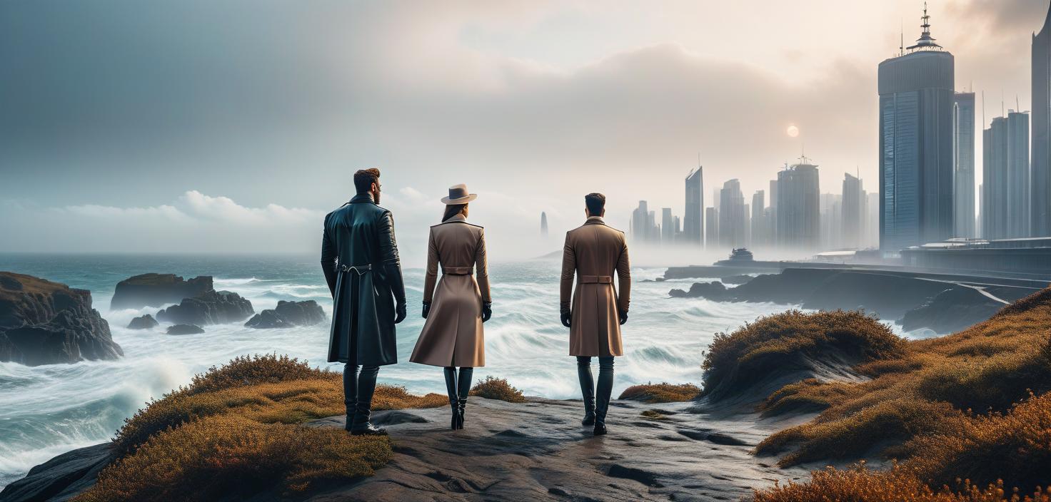  horizontal picture, people on the coast, on the horizon of the future city hyperrealistic, full body, detailed clothing, highly detailed, cinematic lighting, stunningly beautiful, intricate, sharp focus, f/1. 8, 85mm, (centered image composition), (professionally color graded), ((bright soft diffused light)), volumetric fog, trending on instagram, trending on tumblr, HDR 4K, 8K