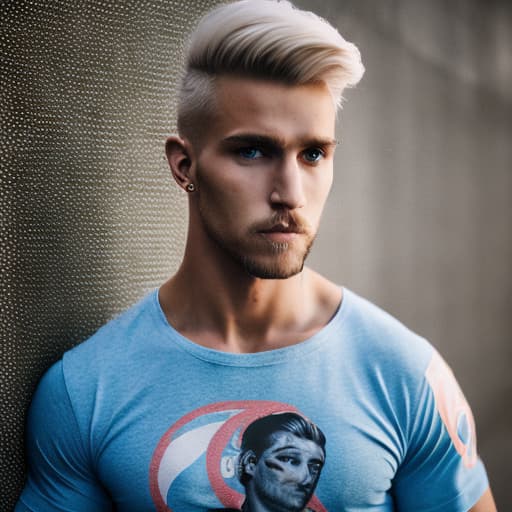 portrait+ style USSR queer fitness trainer blonde hunk dude face