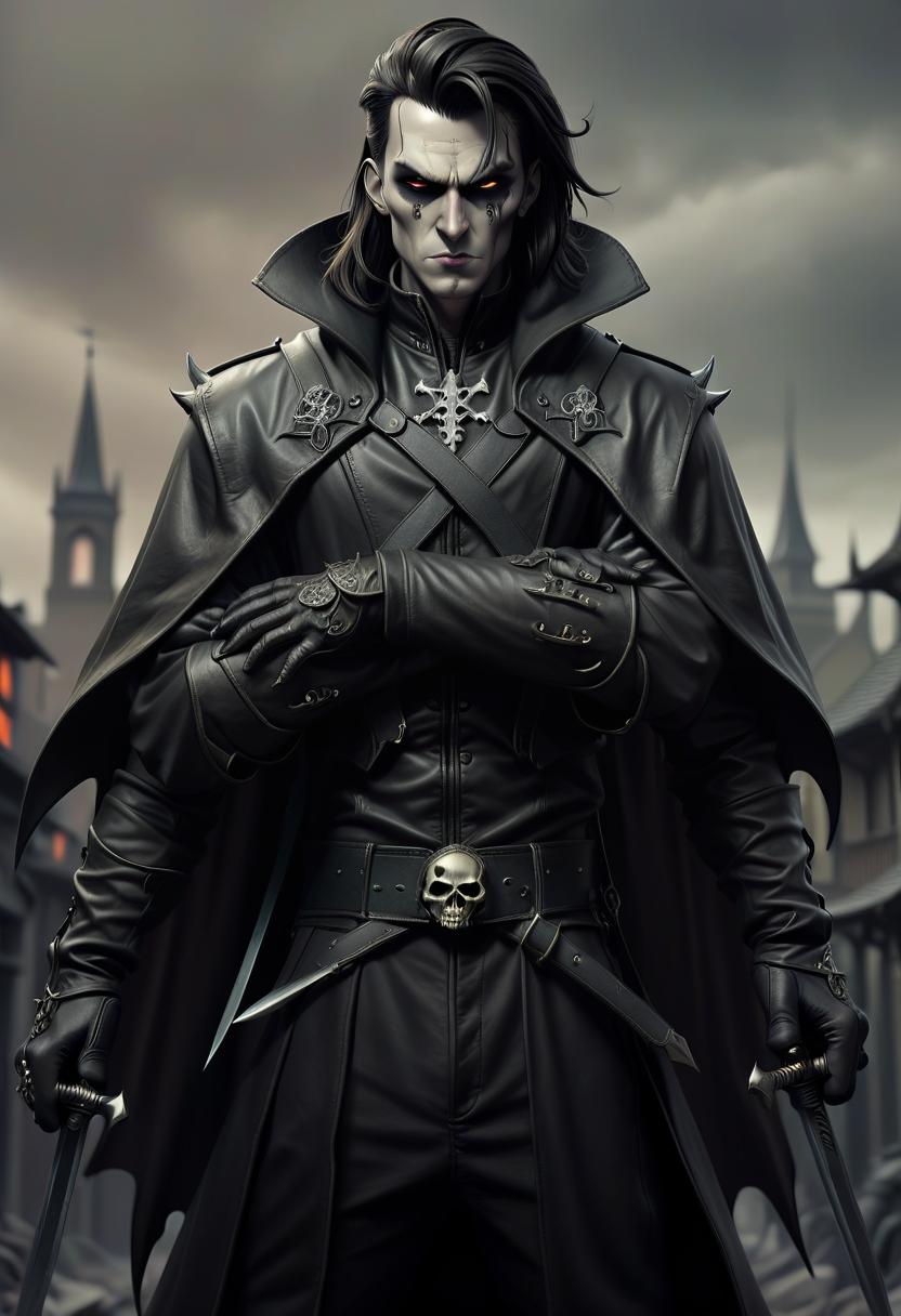  macabre style human male warlock, simble plain black leather jacket, grey cape, two swords, dark town background . dark, gothic, grim, haunting, highly detailed, civitai, hkmagic