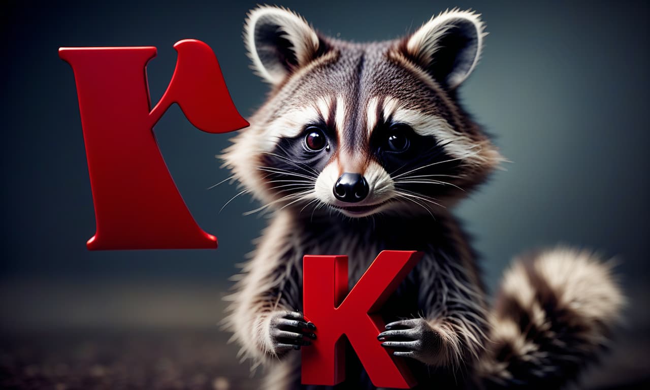  cinematic film still a cute raccoon holds the red letter k around dark. . shallow depth of field, vignette, highly detailed, high budget, bokeh, cinemascope, moody, epic, gorgeous, film grain, grainy