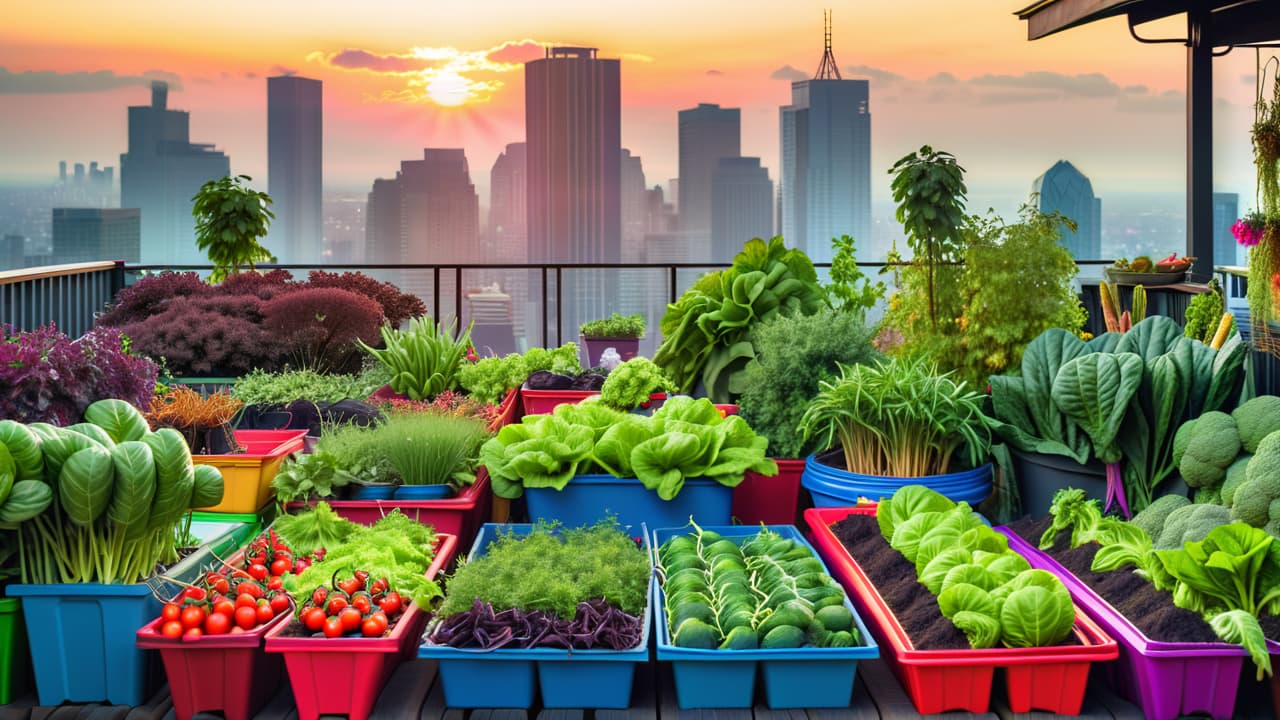  a vibrant urban garden filled with diverse vegetables and herbs, surrounded by repurposed containers and solar panels, set against a backdrop of a bustling city skyline, showcasing a harmonious blend of nature and urban life. hyperrealistic, full body, detailed clothing, highly detailed, cinematic lighting, stunningly beautiful, intricate, sharp focus, f/1. 8, 85mm, (centered image composition), (professionally color graded), ((bright soft diffused light)), volumetric fog, trending on instagram, trending on tumblr, HDR 4K, 8K