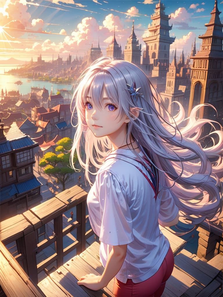  best quality, masterpiece, high resolution, beautiful eyes, fantasy background, detailed background, kawaii, cute,(1 woman, 1, solo), long hair, hair ornament, silver hair, (happy),puffy sleeves, shirt, short sleeves, jeggings, medium s, view from above, summer, shiny, daytime in the city of cloud