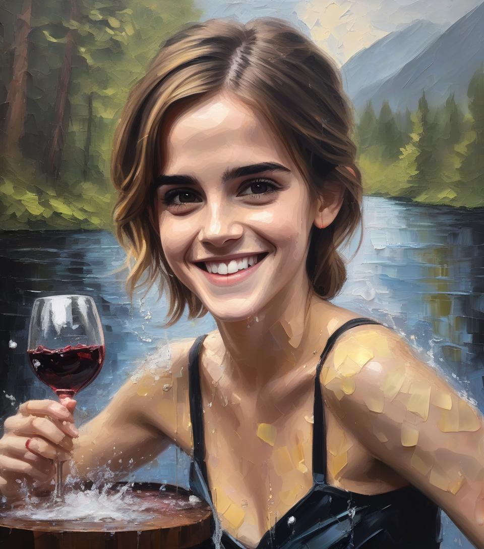  an oil palette knife painting of emma watson smiling turning water into wine in the style of bob ross, impasto and chiaroscuro