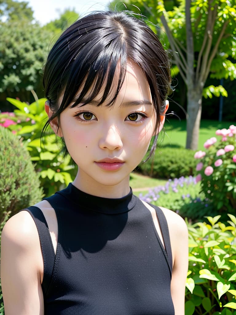  very young asian , , small s, standing, black short hairstyles, garden., (Masterpiece, BestQuality:1.3), (ultra detailed:1.2), (hyperrealistic:1.3), (RAW photo:1.2),High detail RAW color photo, professional photograph, (Photorealistic:1.4), (realistic:1.4), ,professional lighting, (japanese), beautiful face, (realistic face)