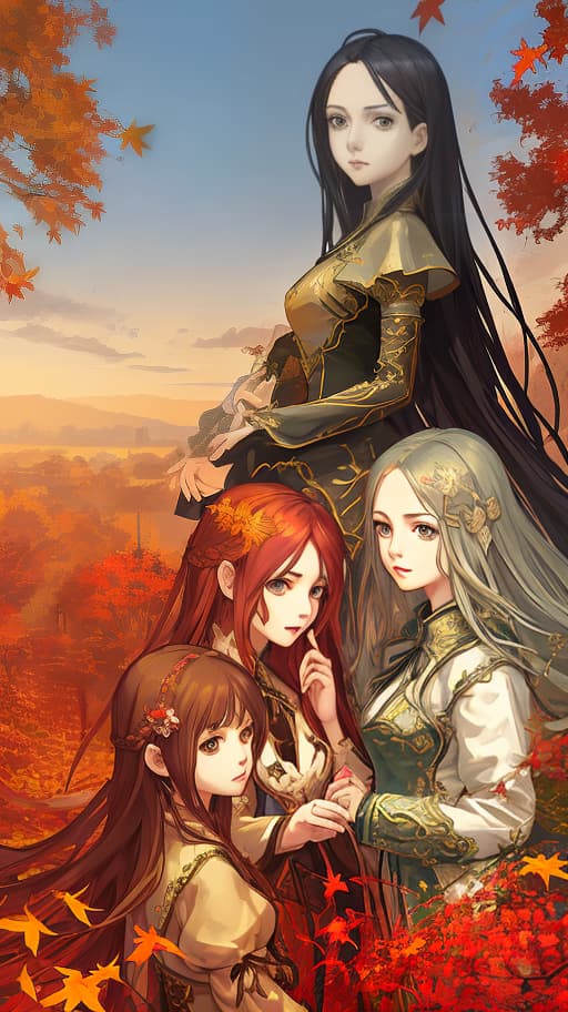  three girls with faces in anime style, in elegant dresses, with long hair. autumn background. the background is wide., realistic, detailed, balanced, by trey ratcliff, klaus herrmann, serge ramelli, jimmy mcintyre, elia locardi