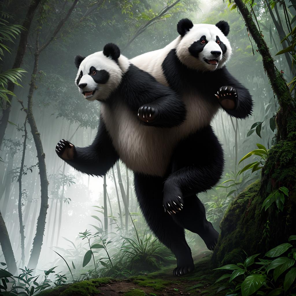  mother panda very happy runing through jungle, pixar style up! hyperrealistic, full body, detailed clothing, highly detailed, cinematic lighting, stunningly beautiful, intricate, sharp focus, f/1. 8, 85mm, (centered image composition), (professionally color graded), ((bright soft diffused light)), volumetric fog, trending on instagram, trending on tumblr, HDR 4K, 8K