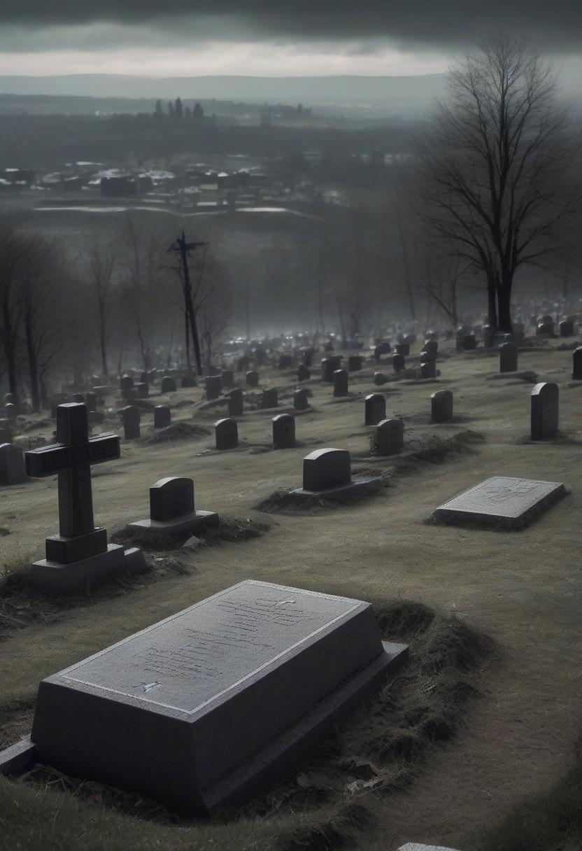  macabre style in the foreground stands the grave of a world war ii soldier on a hill, while military operations take place in the background . dark, gothic, grim, haunting, highly detailed