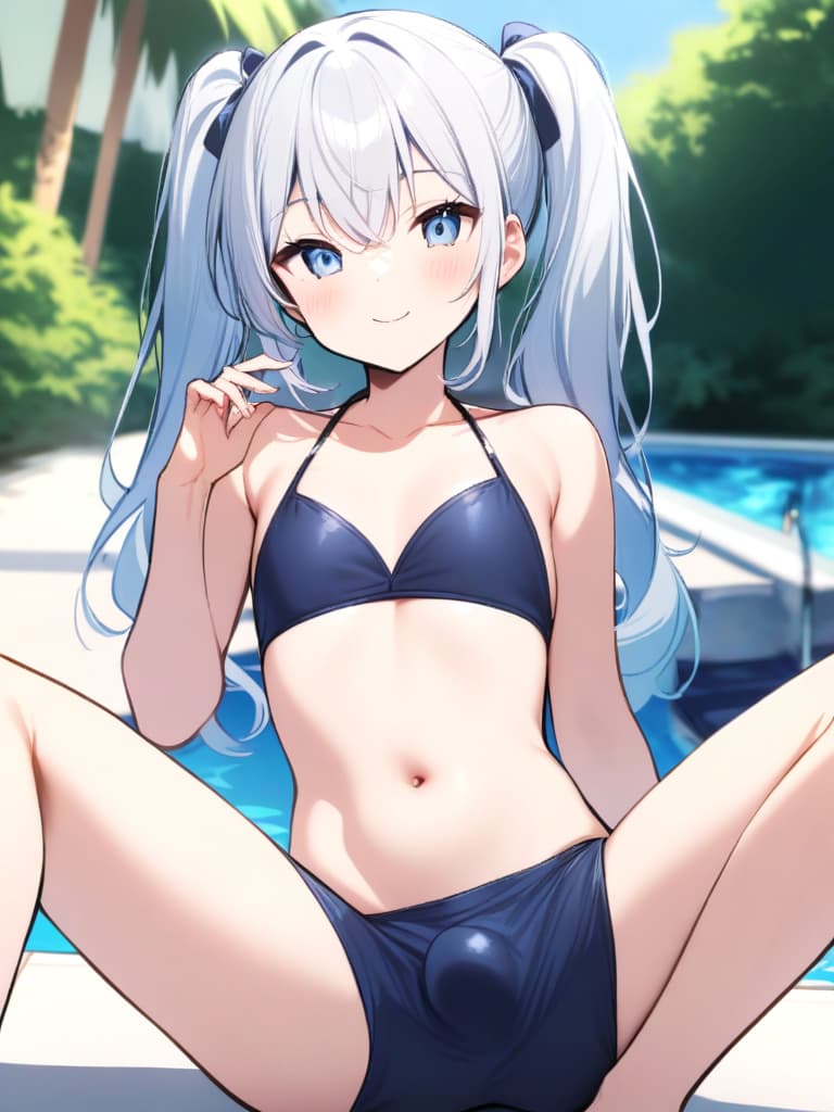  women's elementary students, twin tails, rich smiles, cute smiles, navy blue swimwear, old swimwear, swimwear, simple, male, shaped clear , shaped clear, clear stem, shaped crisp, male bulge,, front. the whole body, pool side,