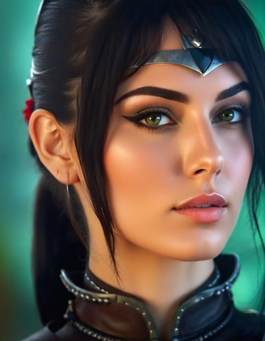  hdr photo of create a highly detailed portrait of a young female warrior with striking features, slender, angular face with high cheekbones and a sharp jawline, skin is fair and smooth, with a few faint scars on her left cheek, eyes are almond shaped and a deep, piercing green, giving her an intense, focused expression, gaze is serious, almost stern, reflecting her determination and inner strength, eyebrows are dark and well defined, arching slightly to add to her determined look, hair is dark brown, almost black, and is cut short, framing her face in a slightly tousled style, a small section of her hair is tied back with a thin, silver circlet adorned with a dark gemstone in the center, resting on her forehead, ears are slightly pointed, s