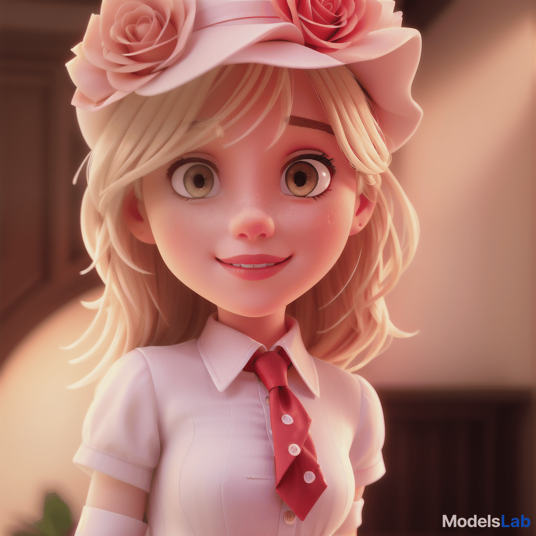  ultra realistic close up portrait ((beautiful blonde cute pale female with a rose hat and a red tie)), brown eyes, hyper detail, cinematic lighting, canon eos r3, nikon, f/1.4, iso 200, 1/160s, 8k, raw, unedited, in frame, 8k hyperrealistic, full body, detailed clothing, highly detailed, cinematic lighting, stunningly beautiful, intricate, sharp focus, f/1. 8, 85mm, (centered image composition), (professionally color graded), ((bright soft diffused light)), volumetric fog, trending on instagram, trending on tumblr, HDR 4K, 8K