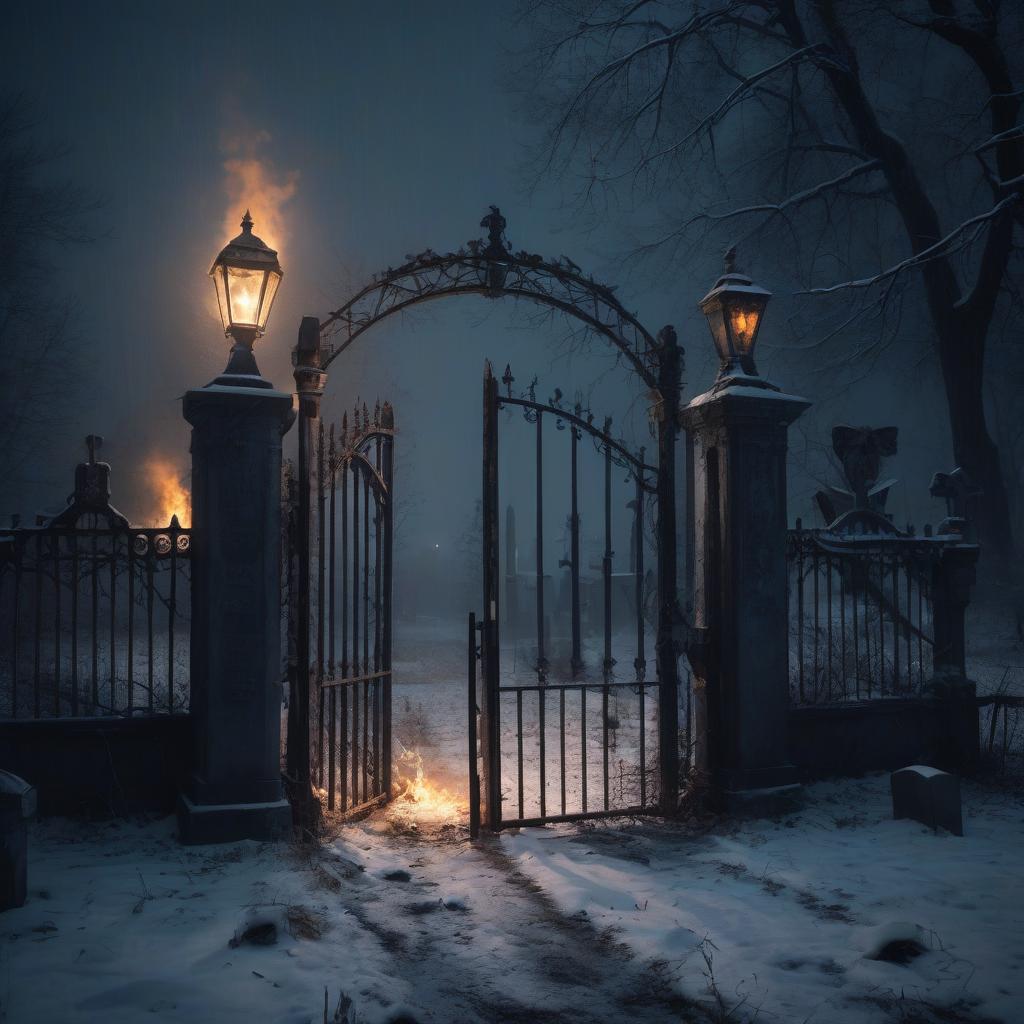  it's windy at night. a huge ominous abandoned old cemetery. a lone bright lantern burns on the gate. rain with snow. a skeleton opens the dilapidated gate.