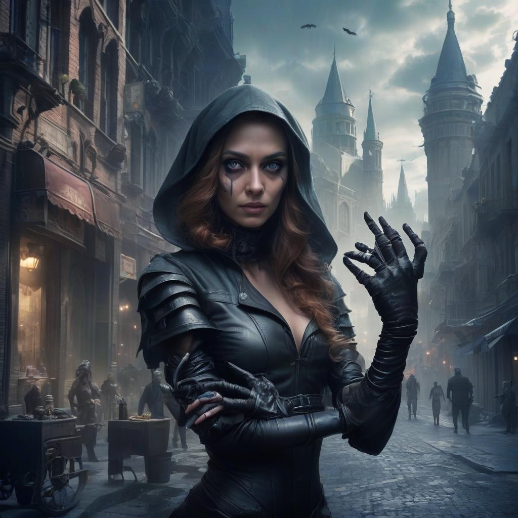  fantasy, woman, robber, prosthetic hand, city