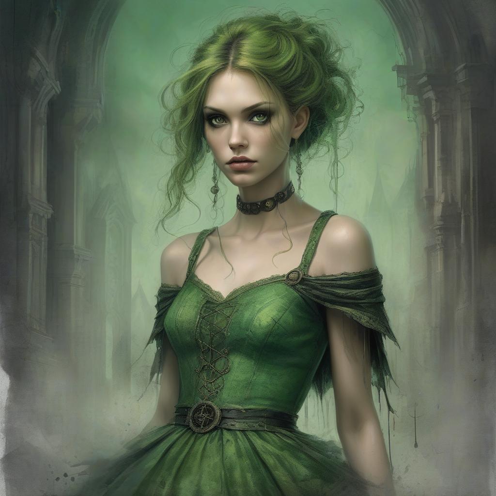  grunge style a painting of a woman in a green dress, very beautiful fantasy art, beautiful fantasy art portrait, beautiful fantasy painting, dramatic fantasy art, beautiful fantasy portrait, beautiful fantasy art, celtic fantasy art, fantasy art smug smile man, highly detailed fantasy art, gothic fantasy art, digital art fantasy art, fantasy victorian art, beautiful fantasy maiden, digital art fantasy, medieval fantasy art . textured, distressed, vintage, edgy, punk rock vibe, dirty, noisy