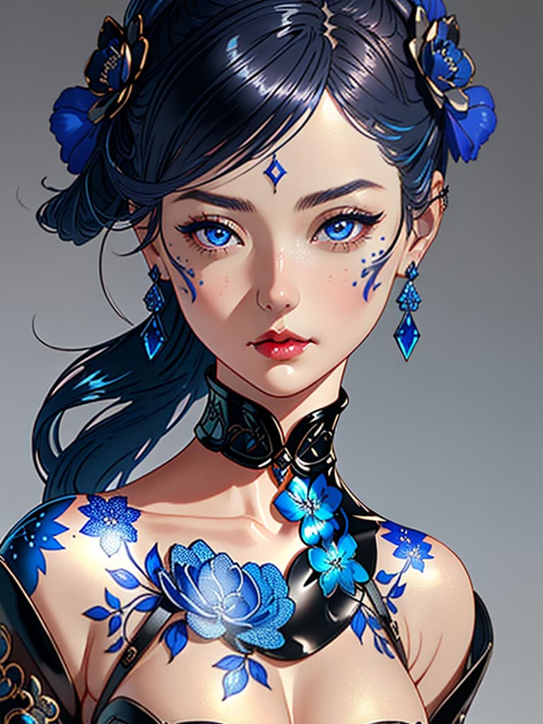  Close-up porcelain female figurine, looking to the camera, glossy surface, glaze, shiny, blue floral tattoos on her, dark gradient background, baroque dark style, hyperrealistic, CG society, intricate details