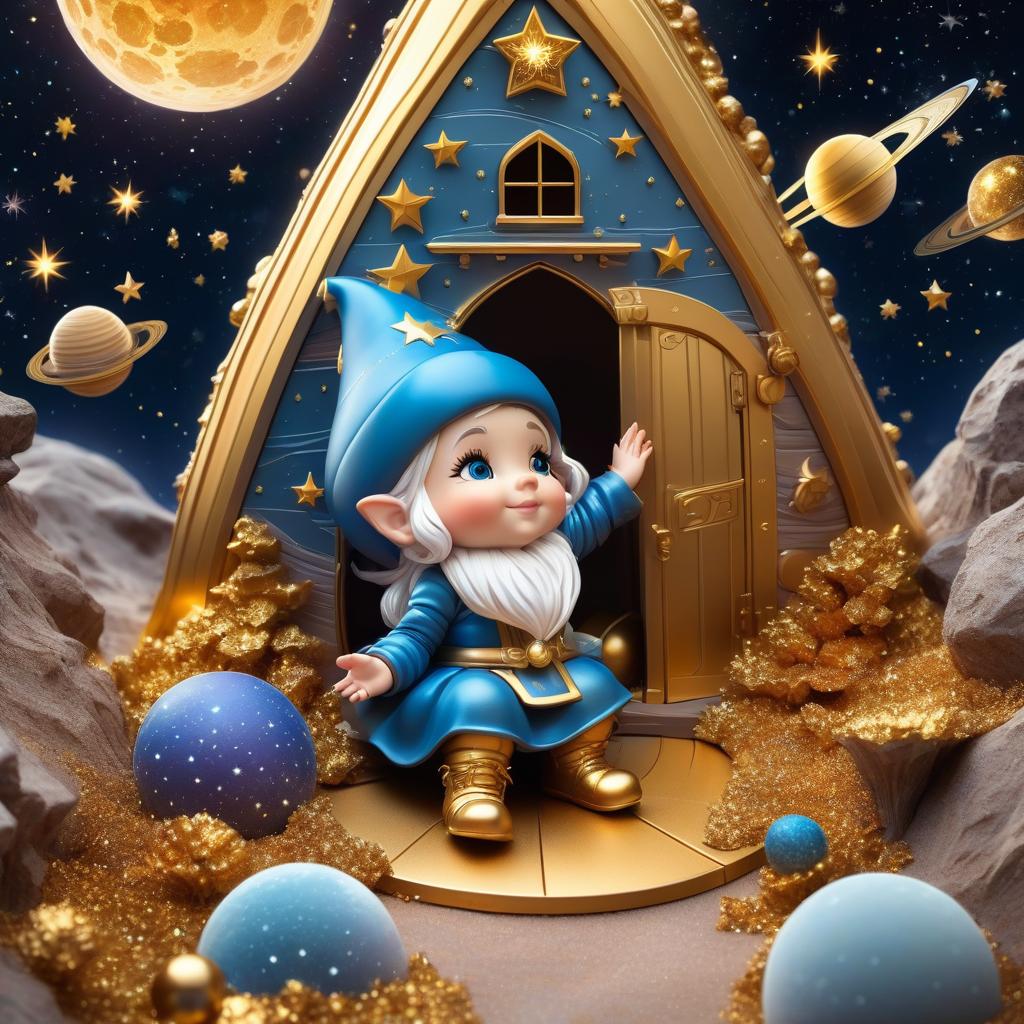  space themed a gnome girl sits on the threshold of a cute dwarve house and goes through a slide of gold with her hands . cosmic, celestial, stars, galaxies, nebulas, planets, science fiction, highly detailed