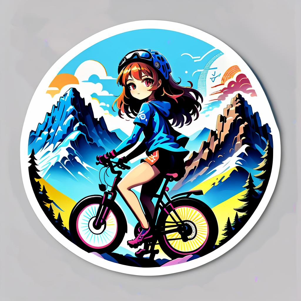  typographic art anime girl on a mountain bicycle, round sticker . stylized, intricate, detailed, artistic, text based, sticker, t shirt design