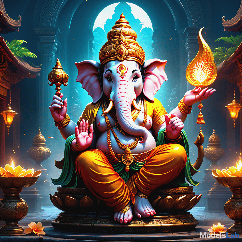  create an anime style depiction of lord ganesha. the character should have a dynamic and action packed pose, showcasing his iconic elephant head with exaggerated, expressive eyes and a slightly elongated trunk, characteristic of anime. his body should be strong and heroic, with flowing garments and ornate jewelry that appear to be moving as if caught in the wind. use vibrant and saturated colors to enhance the energetic feel of the scene. the background should include dynamic elements like swirling energy or magical symbols, contributing to an epic and vibrant atmosphere. blend traditional elements of ganesha with a bold, anime inspired look. hyperrealistic, full body, detailed clothing, highly detailed, cinematic lighting, stunningly beautiful, intricate, sharp focus, f/1. 8, 85mm, (centered image composition), (professionally color graded), ((bright soft diffused light)), volumetric fog, trending on instagram, trending on tumblr, HDR 4K, 8K