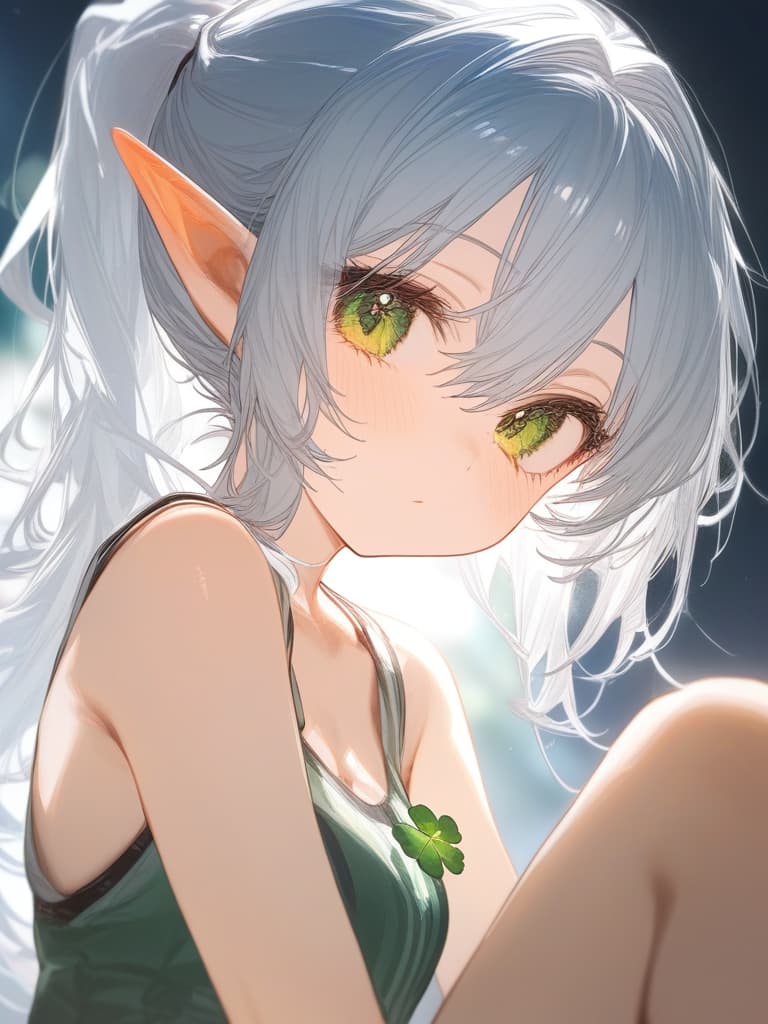  harajin, white hair, green eyes, clover eyes in the center of the eyes, elf ears, cute, small girl, ponytail, masterpiece, best quality,8k,ultra detailed,high resolution,an extremely delicate and beautiful,hyper detail