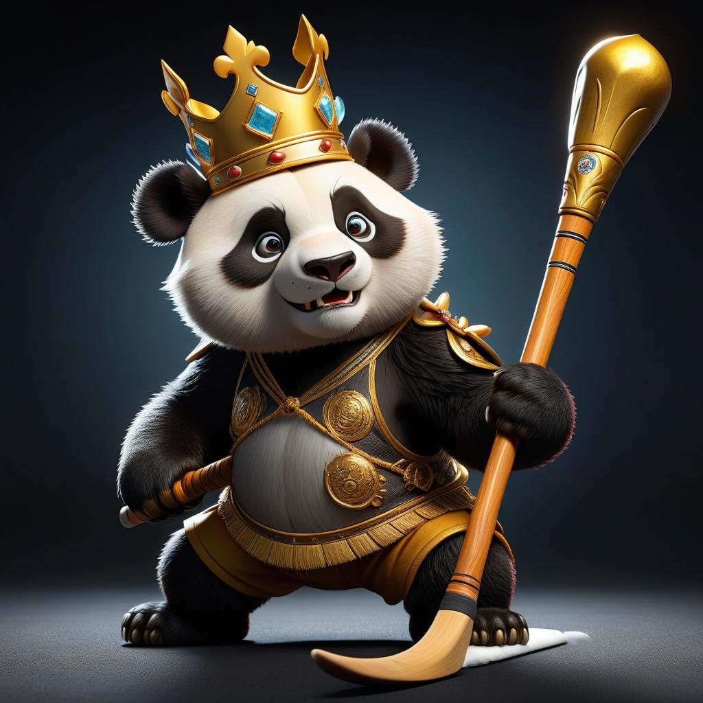  create a golden colored picture in the center of a cartoon brutal panda with a crown on his head playing hockey with a stick in his hands on a black background hyperrealistic, full body, detailed clothing, highly detailed, cinematic lighting, stunningly beautiful, intricate, sharp focus, f/1. 8, 85mm, (centered image composition), (professionally color graded), ((bright soft diffused light)), volumetric fog, trending on instagram, trending on tumblr, HDR 4K, 8K