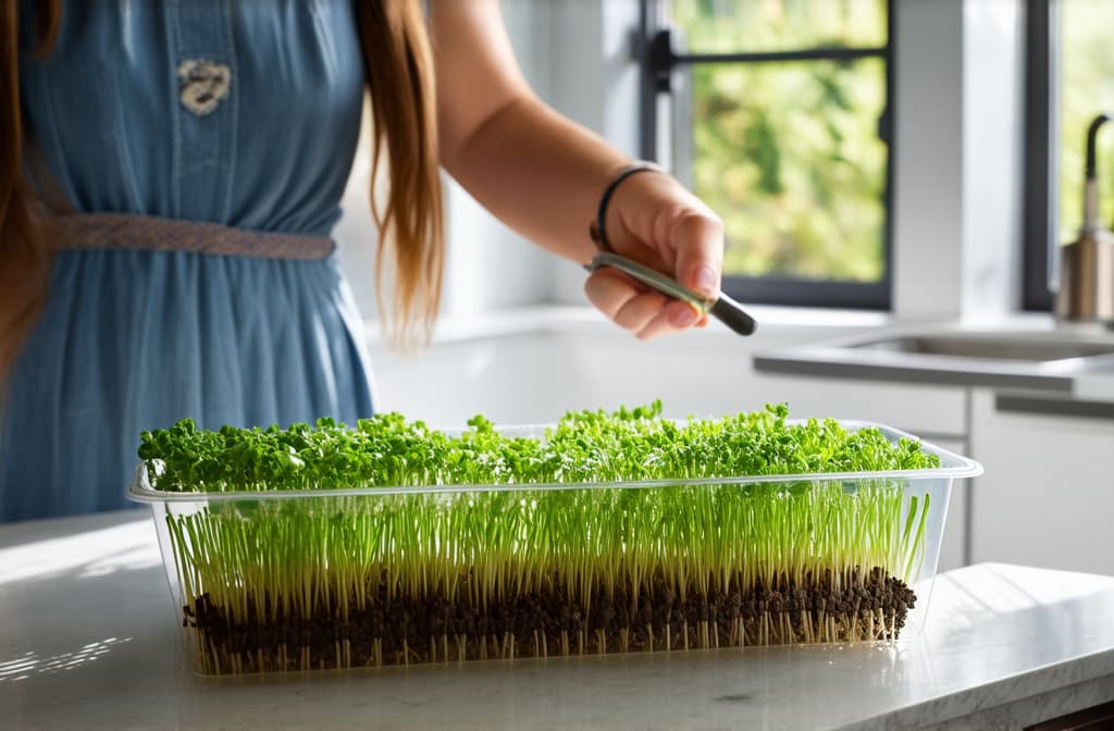  cinematic film style, woman seeding microgreens in plastic box, white modern kitchen ar 3:2, shallow depth of field, vignette, maximum details, high budget hollywood movie, bokeh, cinemascope, moody, epic, gorgeous, sun rays and shadows on furniture and surfaces, flattering light, raw photo, photography, photorealistic, 8k resolution, f1.4, sharpened focus, sharp focus