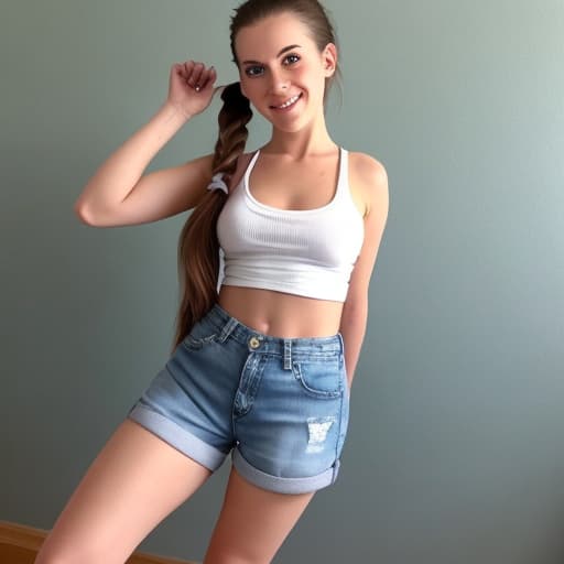  Sweetie big ponytail in jeans shorts showing off her 