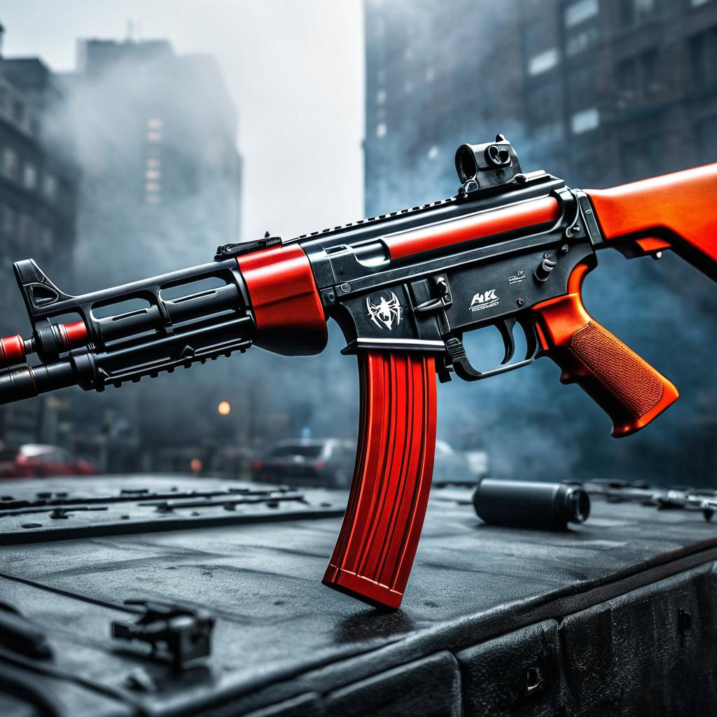  ak 47 with spiderman themed graphics on the handles and body, bright colors, comic style art, webbing patterns on the stock and grip. hyperrealistic, full body, detailed clothing, highly detailed, cinematic lighting, stunningly beautiful, intricate, sharp focus, f/1. 8, 85mm, (centered image composition), (professionally color graded), ((bright soft diffused light)), volumetric fog, trending on instagram, trending on tumblr, HDR 4K, 8K