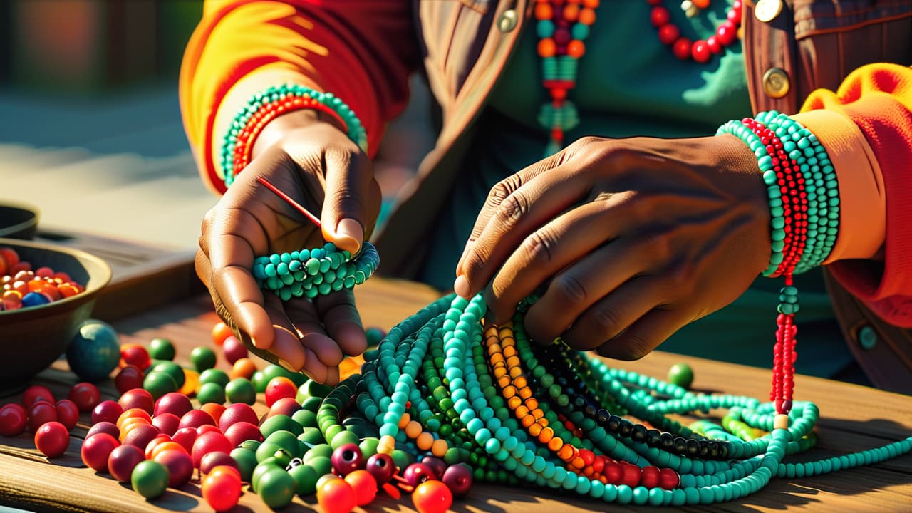  a close up of hands carefully stringing vibrant beads in a colorful array, surrounded by traditional indigenous beadwork patterns, with a soft, natural light illuminating the intricate details and textures of the materials. hyperrealistic, full body, detailed clothing, highly detailed, cinematic lighting, stunningly beautiful, intricate, sharp focus, f/1. 8, 85mm, (centered image composition), (professionally color graded), ((bright soft diffused light)), volumetric fog, trending on instagram, trending on tumblr, HDR 4K, 8K