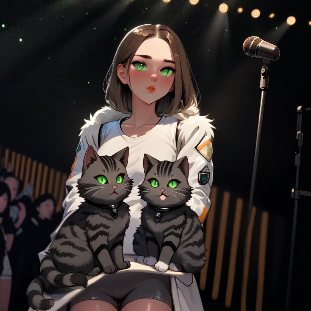  girl with dark green eyes, two furry striped cats, space, spotlights, view from the stage, microphone, music, royal grace