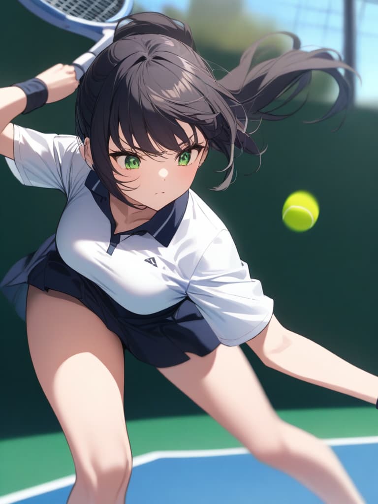  (masterpiece, highest quality,), beautiful fine eyes, very detailed, black hair, aho hair, long hair, green eyes, ponytails, busty, blurred background, shy pinup, tennis, tennis racket: 1.1), wearing tennis uniforms, tennis courts, (moving: 1.2), hitting the ball with a tennis ball, some players, standing in one foot </input> </xml>, , motion blur, with a racket with one hand, with the right hand, hit, one ball