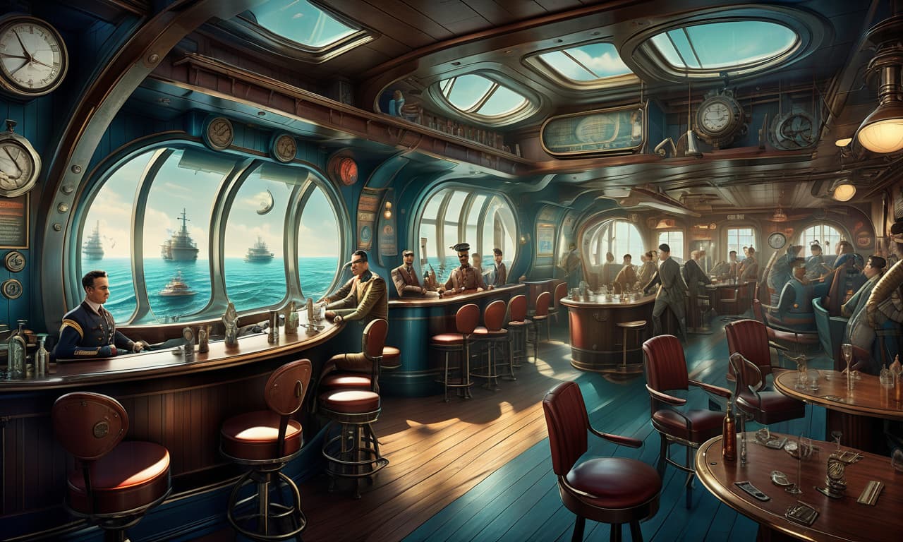  nautical themed retro futuristic tavern, dieselpunk image . sea, ocean, ships, maritime, beach, marine life, highly detailed